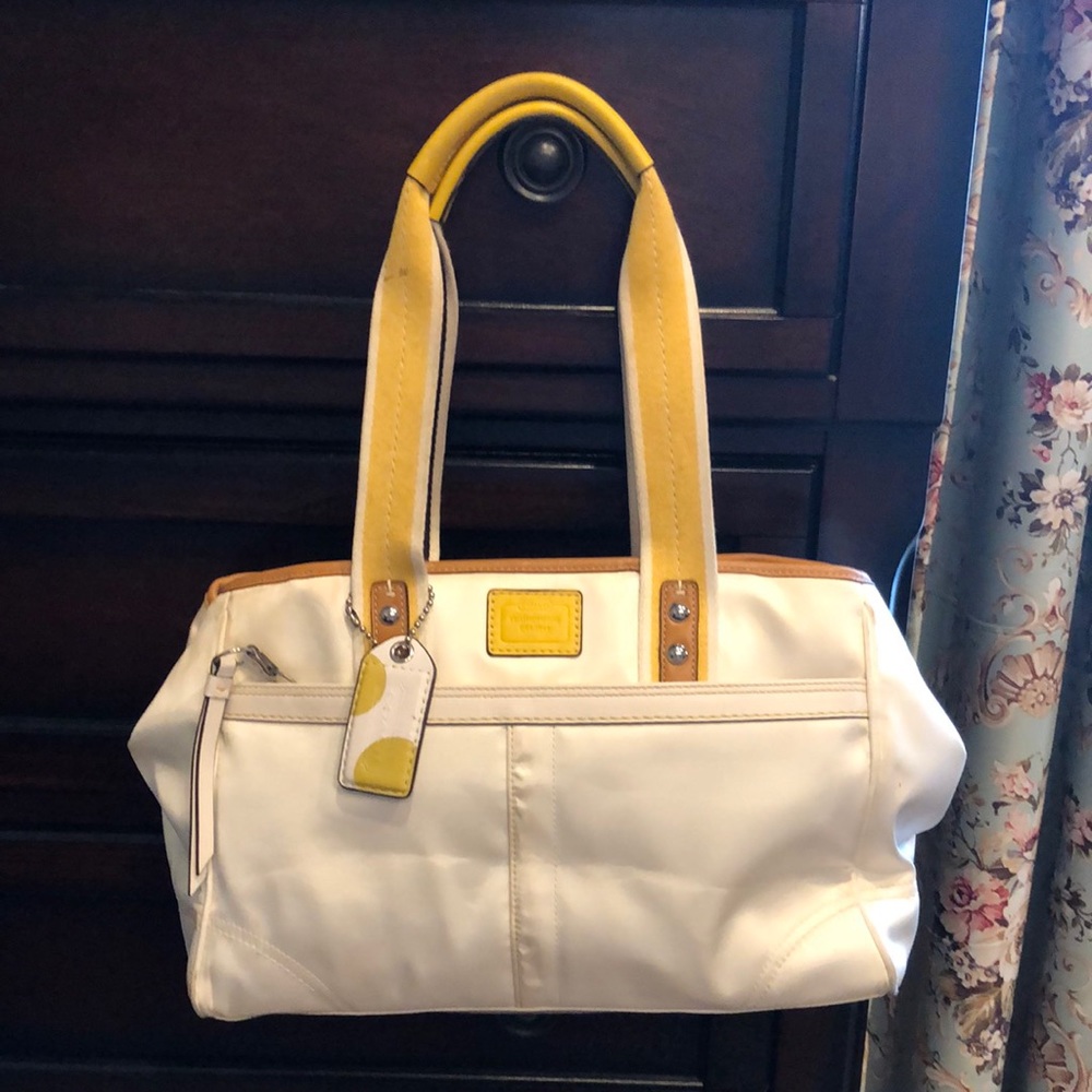 COACH white & yellow Hampton Nylon Sateen Weekend Tote Bag
